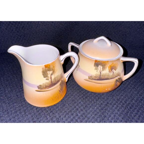 Vintage Hand Painted in Japan Meito China Creamer and Sugar Set Trees Sunset - Picture 1 of 11